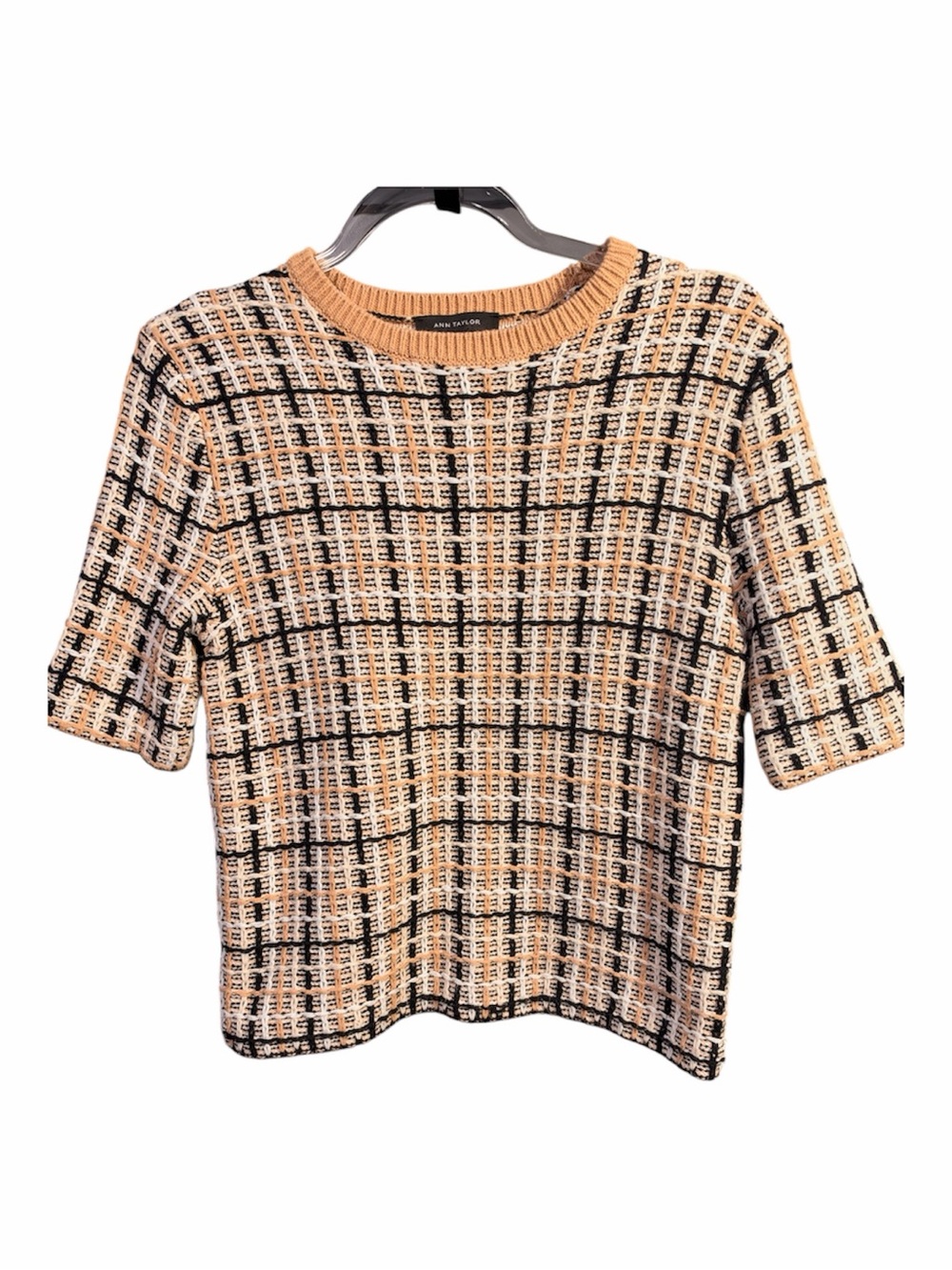 Ann Taylor taupe, Black & White Plaid Short-Sleeve Knit Top
